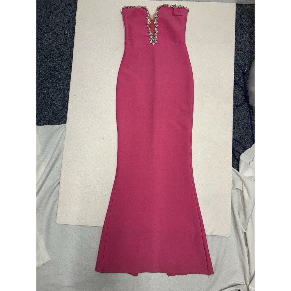 Nova Luxe Strapless Pink Odessa Embellished Bondage Plunge Gown Size Small